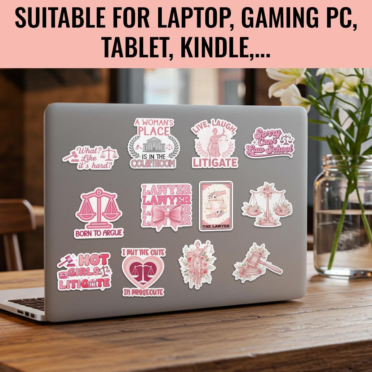 TODOLIA (15Pcs-3in) Girly Law School Sticker Pack, Pink Lawyer Law Firm Partner Attorney Sticker, Legal Team Future Lawyer Gift, Courtroom Legal Decor for Laptop Tablet Water Bottle Helmet Vehicles image 5