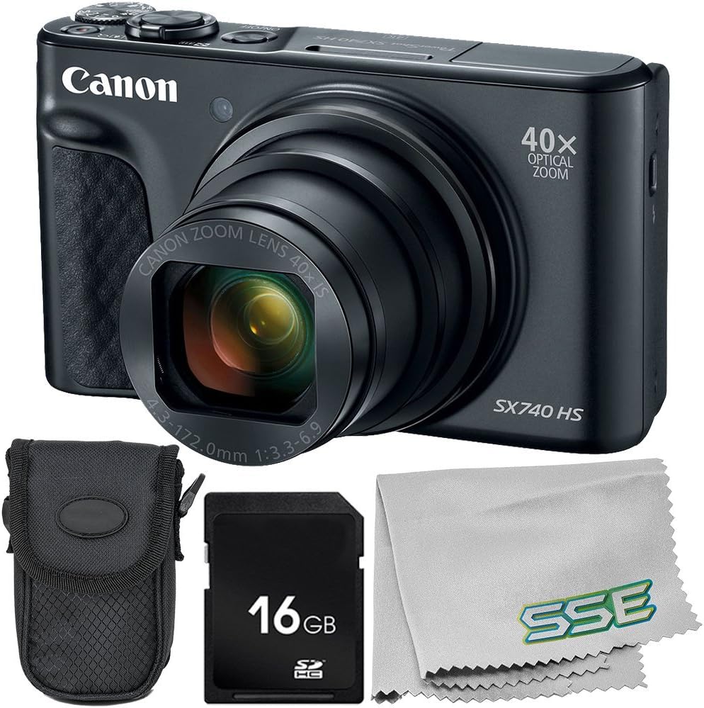 Canon PowerShot SX740 HS Digital Camera (Black) 4PC Bundle - Includes 16GB SD Memory Card + Point & Shoot Case + Microfiber Cleaning Cloth (Renewed)