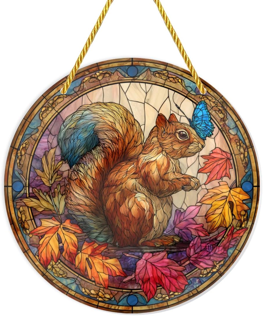 1PC Stained Glass Styles Ornaments, Fall Squirrel & Butterflies, 8×8in Acrylic Hanging Decorative Signs, Acrylic Window Suncatchers Ideal for Home Decor, Garden, Wall Art, Kawaii Gifts - Image 1 of 8