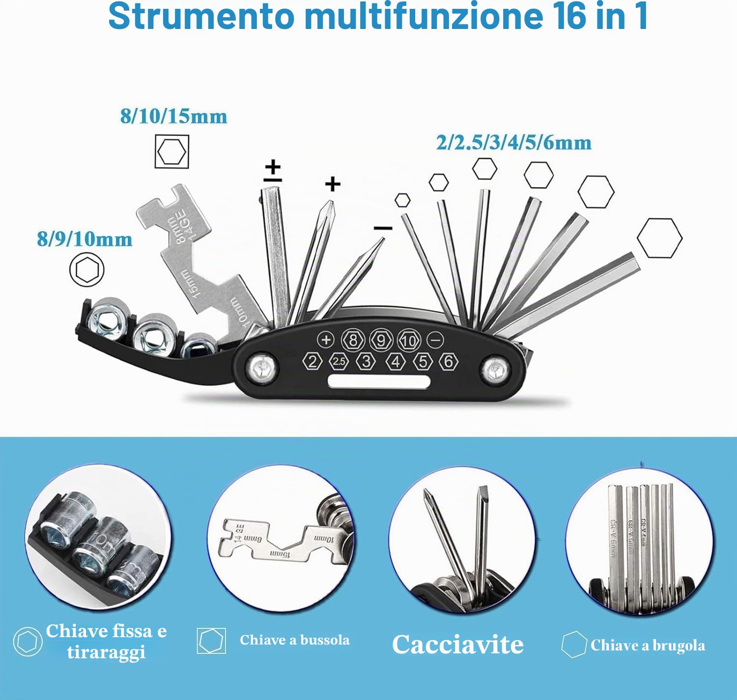 KITBEST Kit di riparazione per bici, kit di attrezzi per bicicletta con pompa e borsa, kit di riparazione per pneumatici con kit di riparazione per pneumatici 16 in 1, accessori per mountain bike