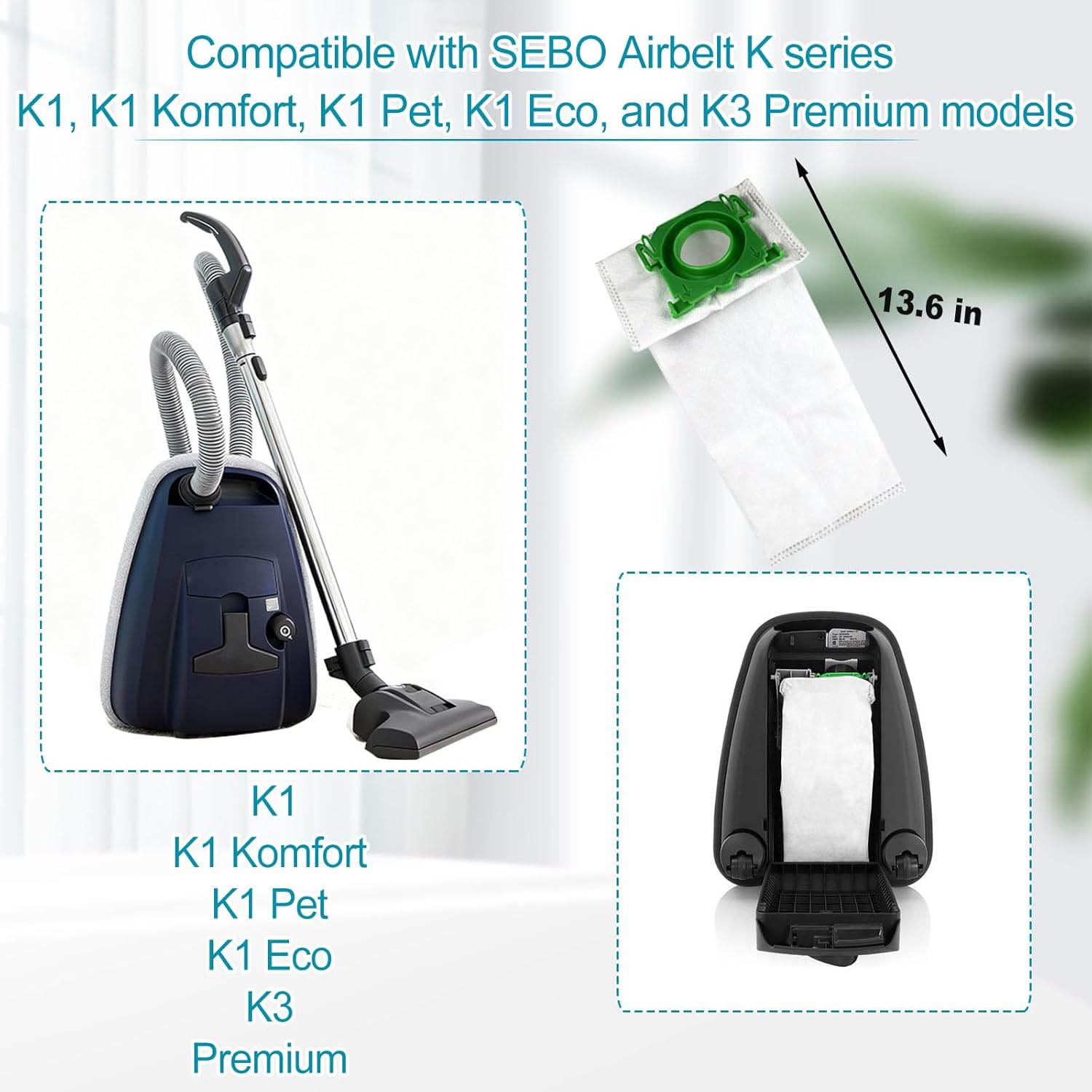 10 Pack Vacuum Bags Compatible with SEBO Airbelt K Series | With Exhaust Filter & 6608ER Micro Hygiene and Pre-motor Microfilter Filter, Fit SEBO Airbelt K Service Box, #6629ER