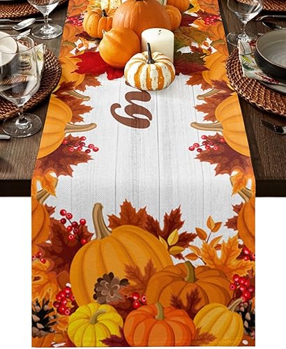 Camino de mesa de Acción de Gracias de 108 pulgadas de largo para otoño, hojas de arce, hojas de otoño, cosecha, calabaza, caminos antideslizantes