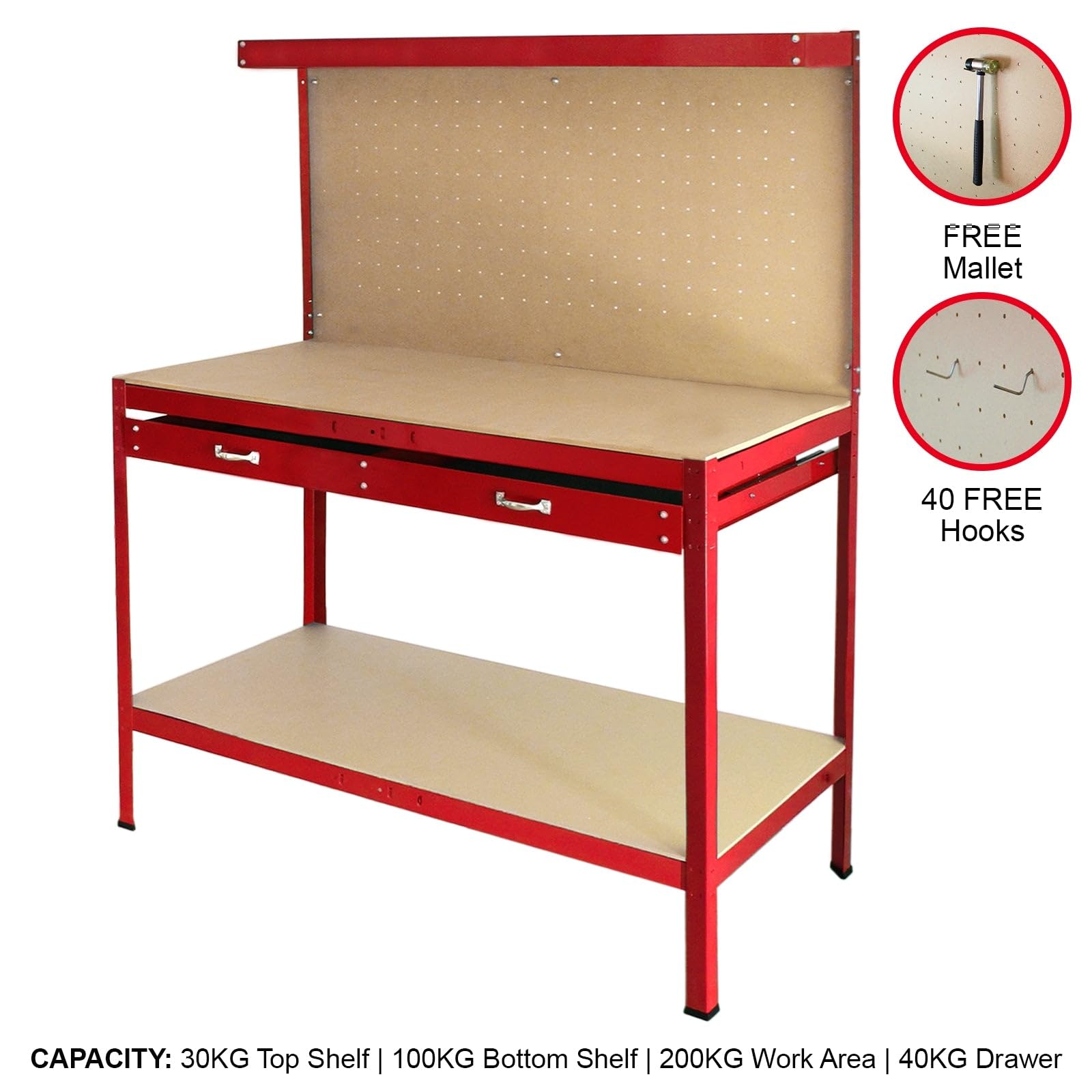 Banco da Lavoro a 3 Livelli con Piano da 120x60cm Ultra Resistente e Pannello Parete Forata Porta Attrezzi Utensili e 40 Ganci universali GRATIS + 2 Mensole e Cassetto - Rosso