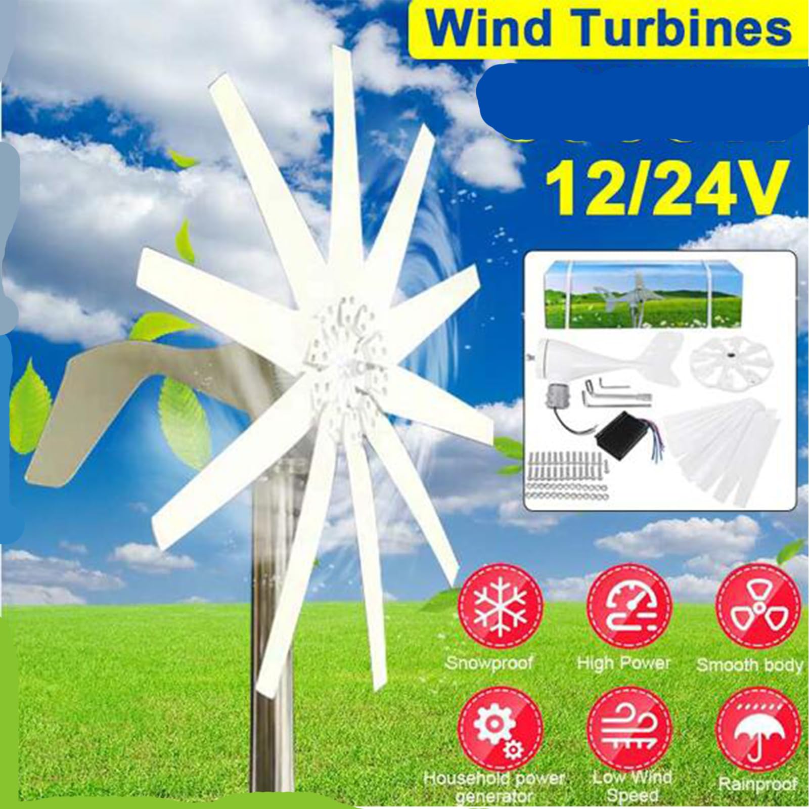Generador de turbina eólica de 4200 W y 12 V, portátil, silencioso y compacto para autocaravanas, furgonetas camper, barcos y cenadores. Incluye controlador de carga y kit de instalación.