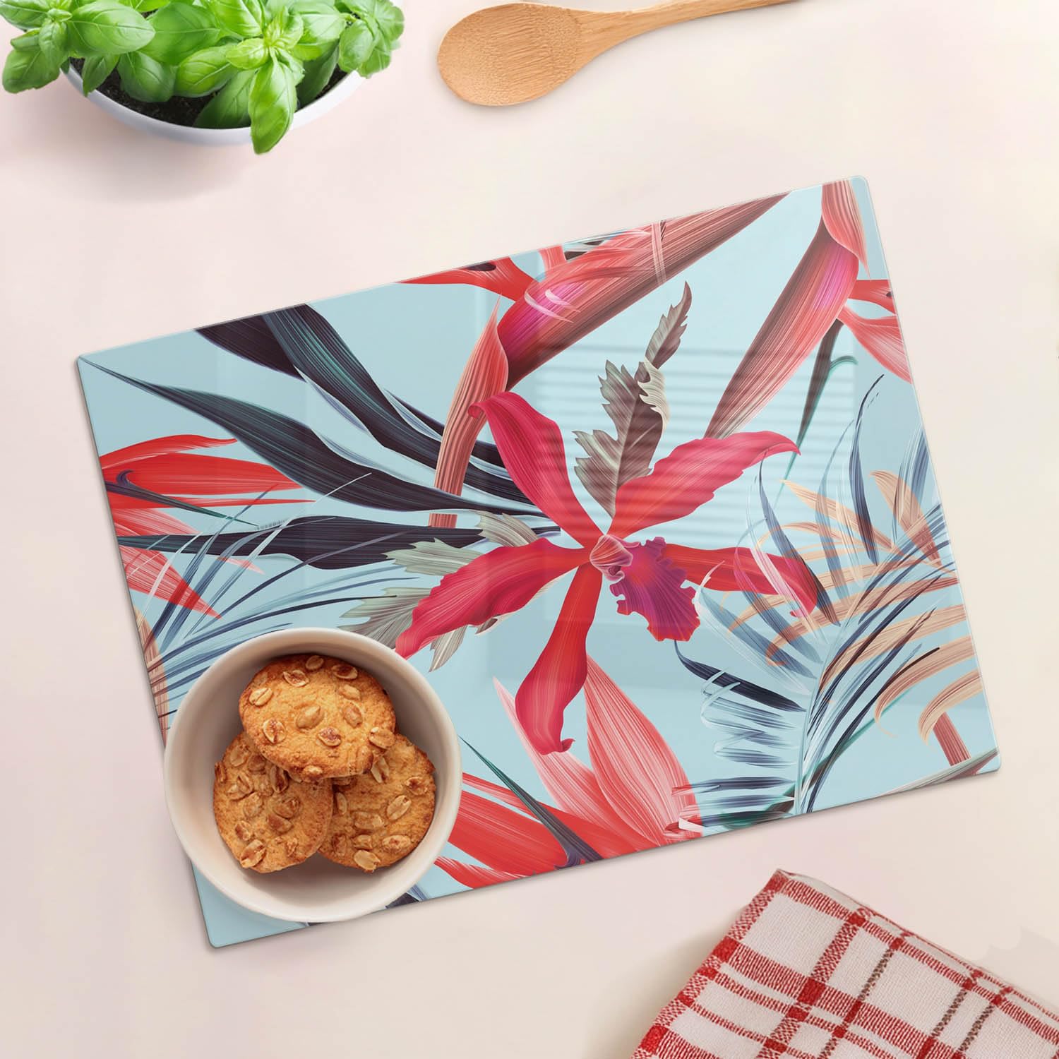 Tagliere e piastra di protezione in vetro 40x30 cm Fiore tropicale