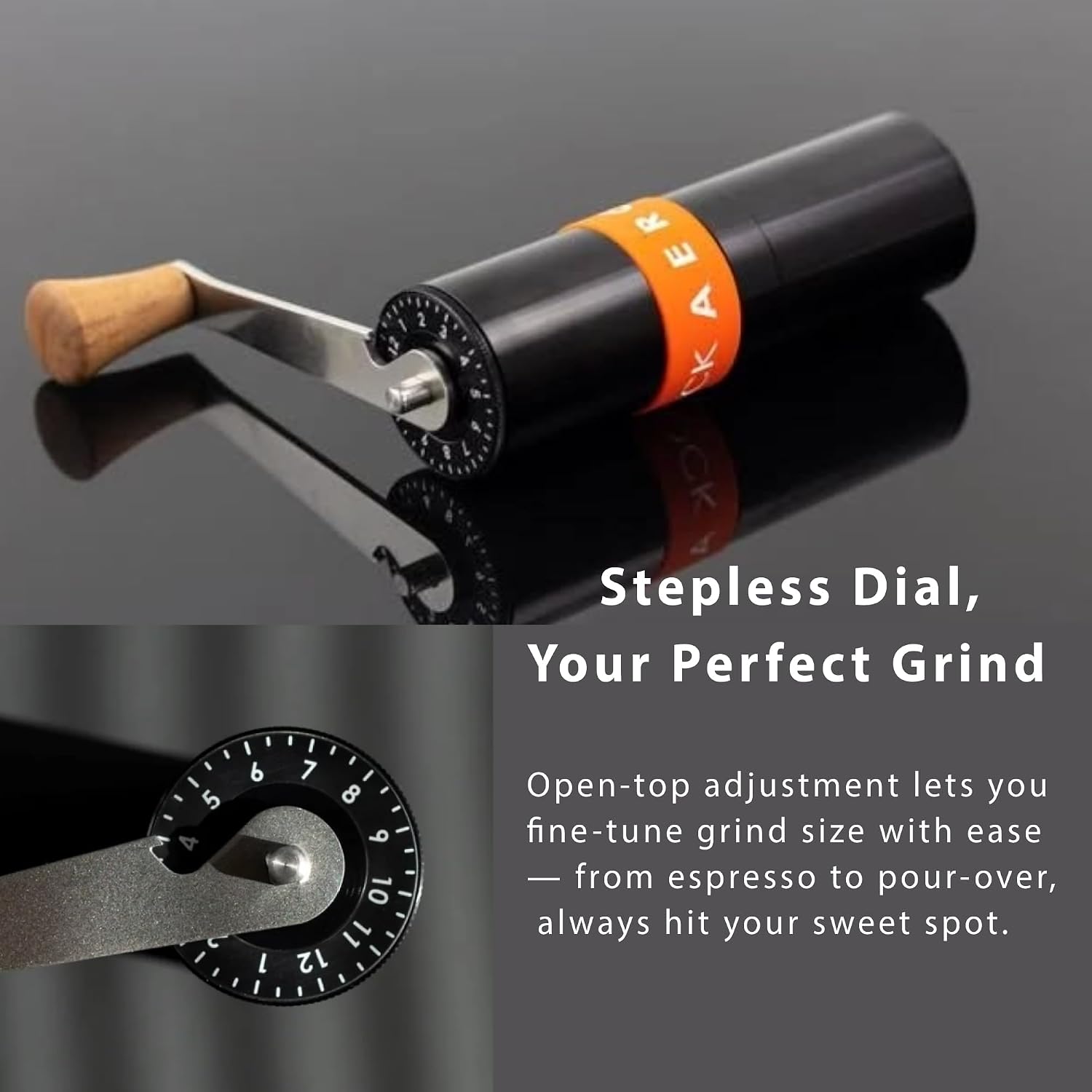 Aergrind Stepless Manual Coffee Grinder, 38mm Pro Burr, Top Dial Adjustment, Foldable Handle, Ultra-Portable Design for Espresso, Aeropress, Pour Over, Travel & Office, Black