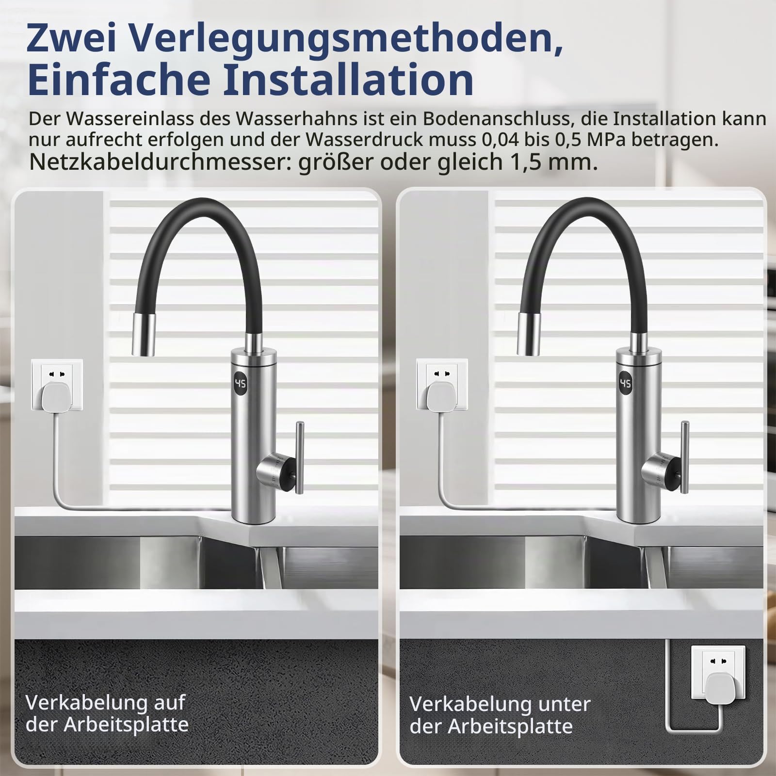 3300W Elektrischer Küchenwasserhahn mit Durchlauferhitzer – Sofort Warmwasser in 6s, 360° Drehbarer Edelstahl-Auslauf (304), LCD-Temperaturanzeige, Sicherheitsschutz, Einfache DIY-Installation