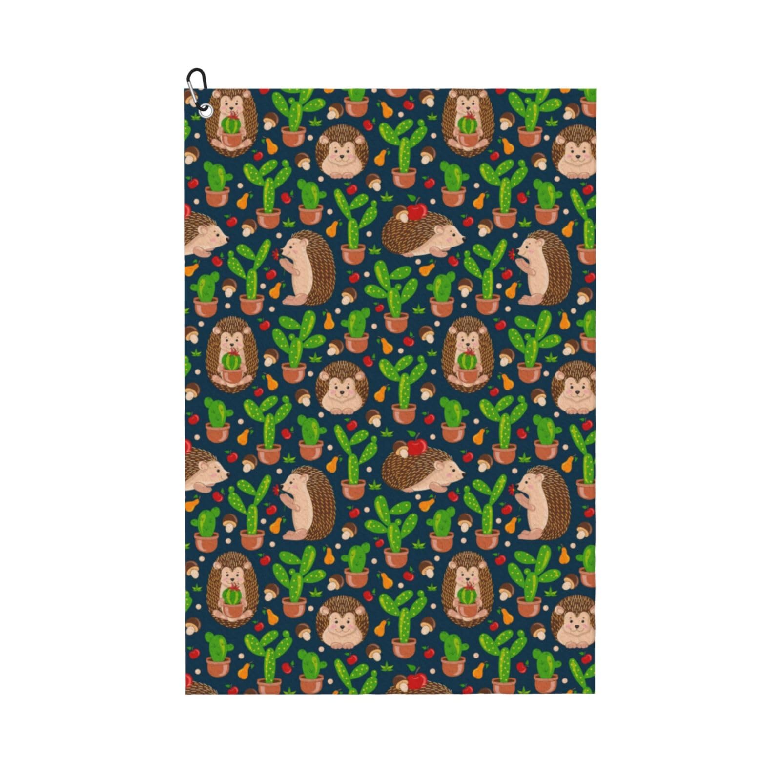 AOOEDM Cute Hedgehogs Cactus Blue Print Golf Towel with Carabiner Clip Absorbent Microfiber Golf Towel for Cleaning Golf Ball Club Putter Iron for Golf Bag Trolly Belt Loop 16" X 24"