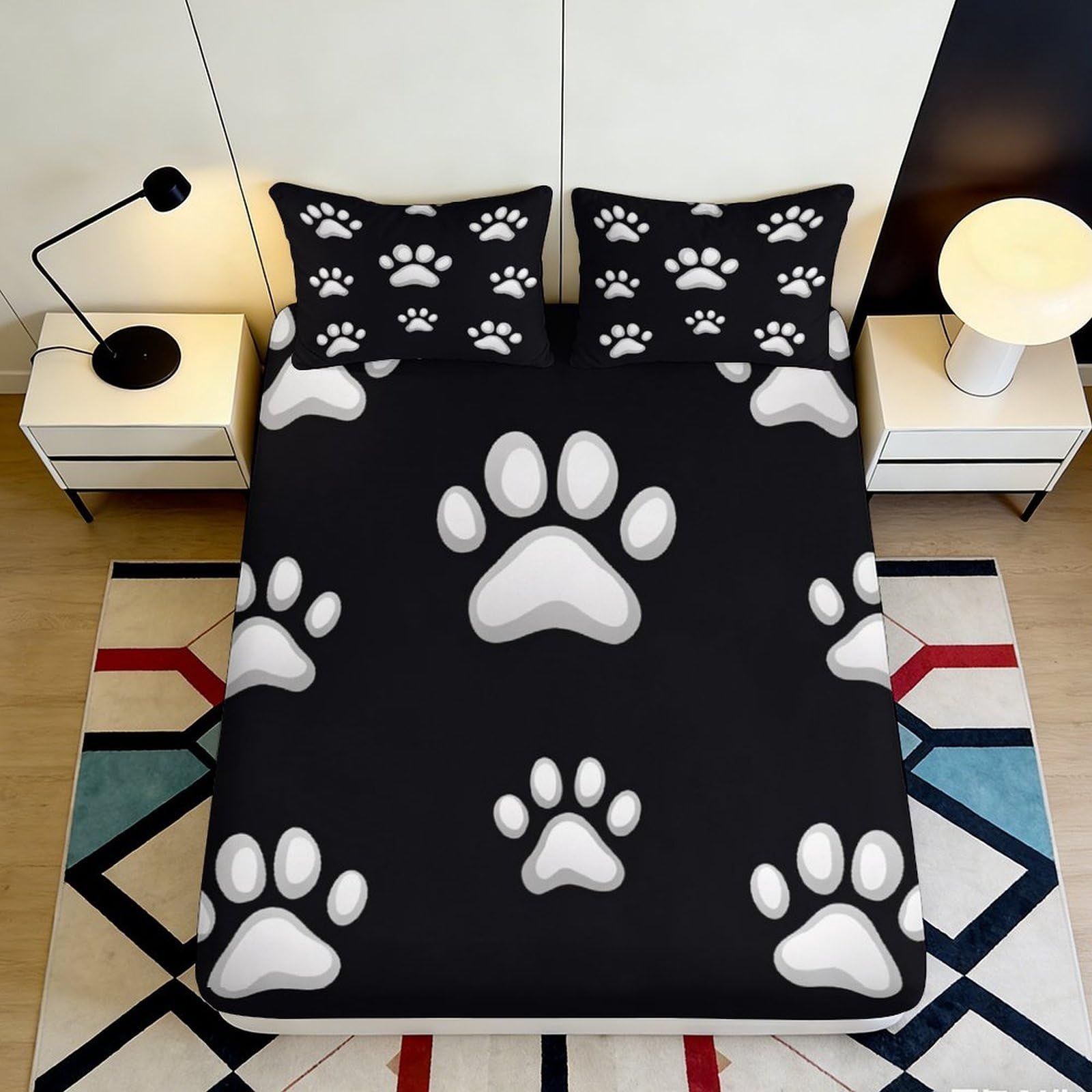 3D Printed Black Paw Print Fitted Sheet Microfiber Soft Durable White Paw Pattern Mattress Cover for Bedroom Dormitory Guest Room Protection 90x200x25cm
