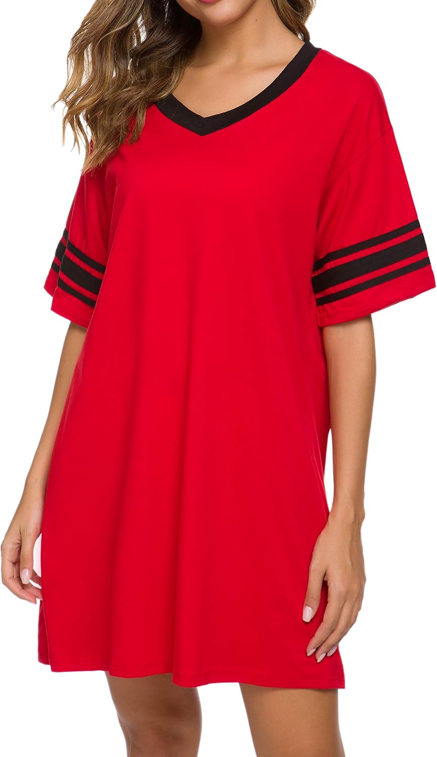 Women's Nightgown Short Sleeve Sleep Shirt V Neck Nightshirts Cotton Loose Comfy Pajamas Dress Casual Sleepwear