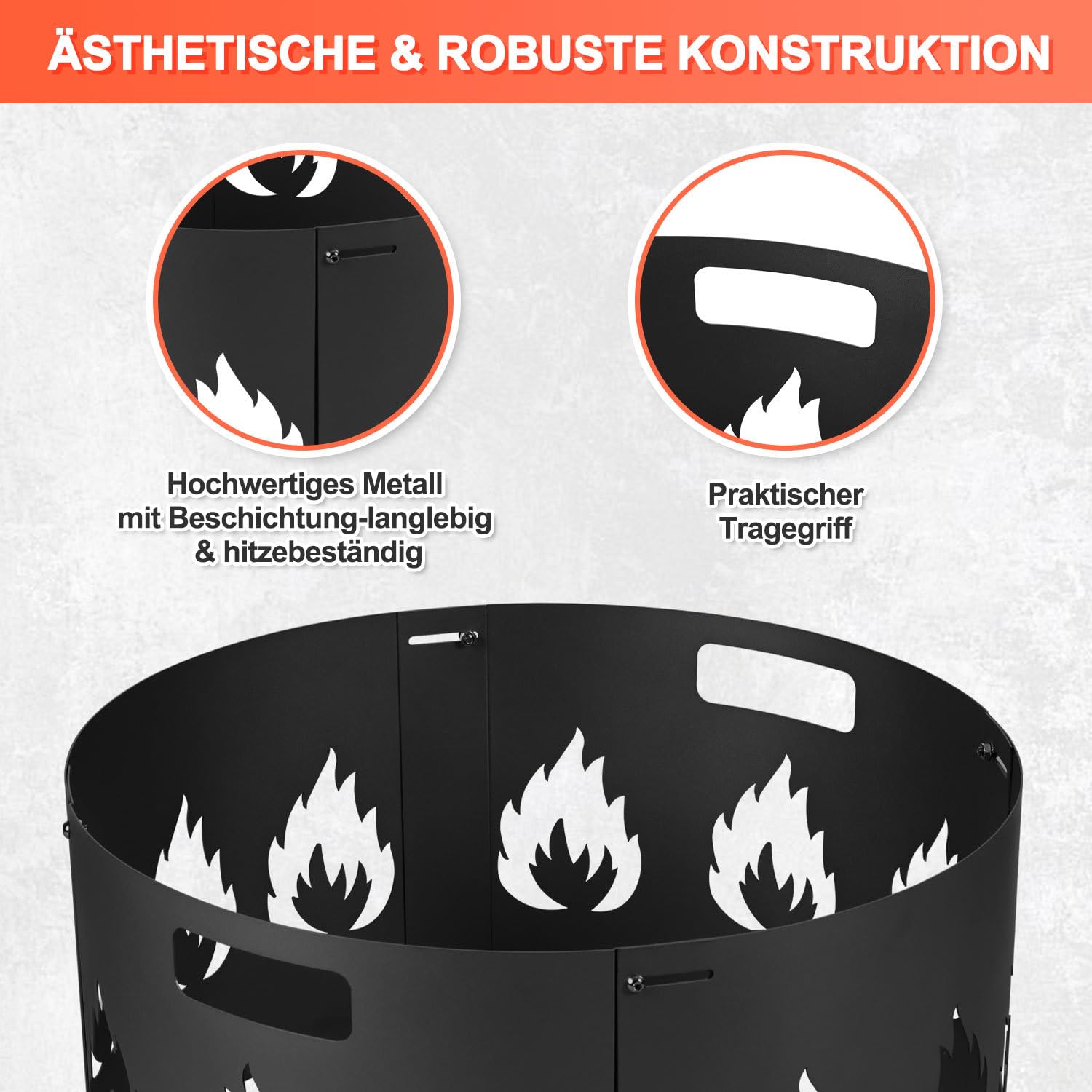 Brasero de protección contra chispas ajustable Ø70-75 cm, rejilla de chispas con asa, chapa de acero de 1,2 mm de grosor, 4 piezas, enchufable, perfecta para jardín y terraza, color negro
