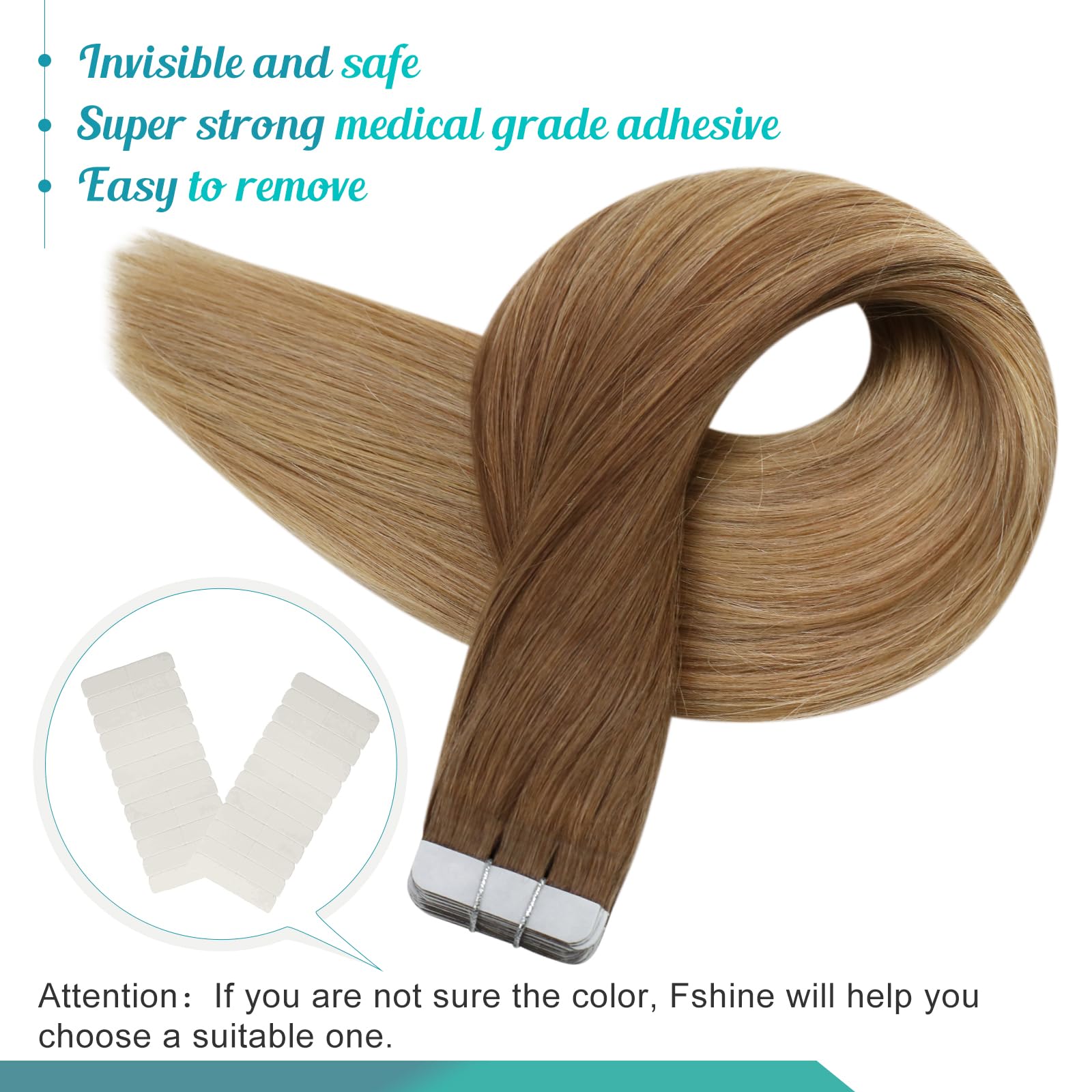 Fshine Adesive Extension Capelli 50g 35CM 20Pcs Extension Capelli Veri Biadesive Balayage Marrone Cioccolato A Biondo Sporco Extension Invisibili Capelli Biadesive Tape Human Hair Extension #10/14