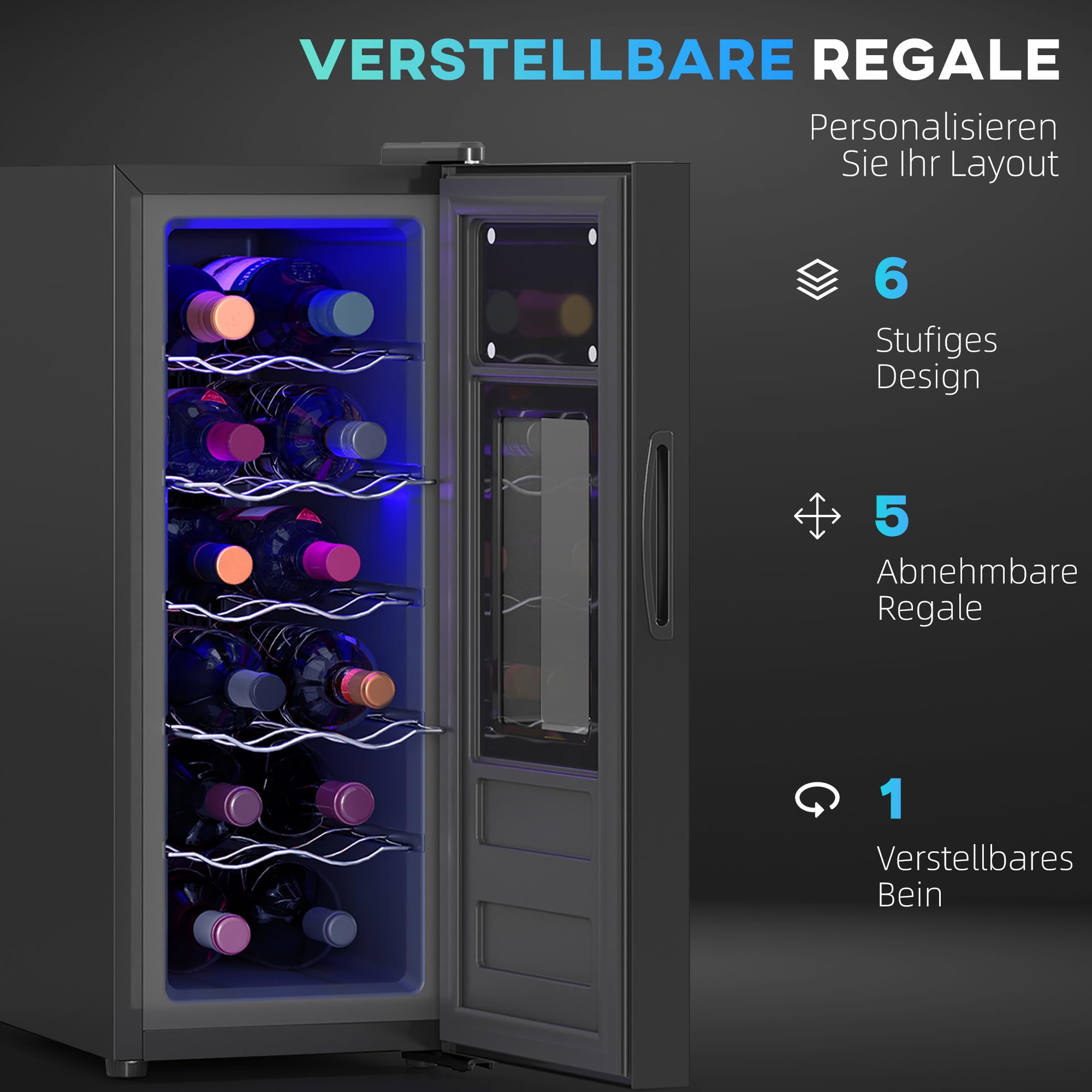 HOMCOM Weinkühlschrank Kompressor 12 Flaschen 30L Getränkekühlschrank 8-18°C Touchscreen Glastür LED-Beleuchtung Schwarz