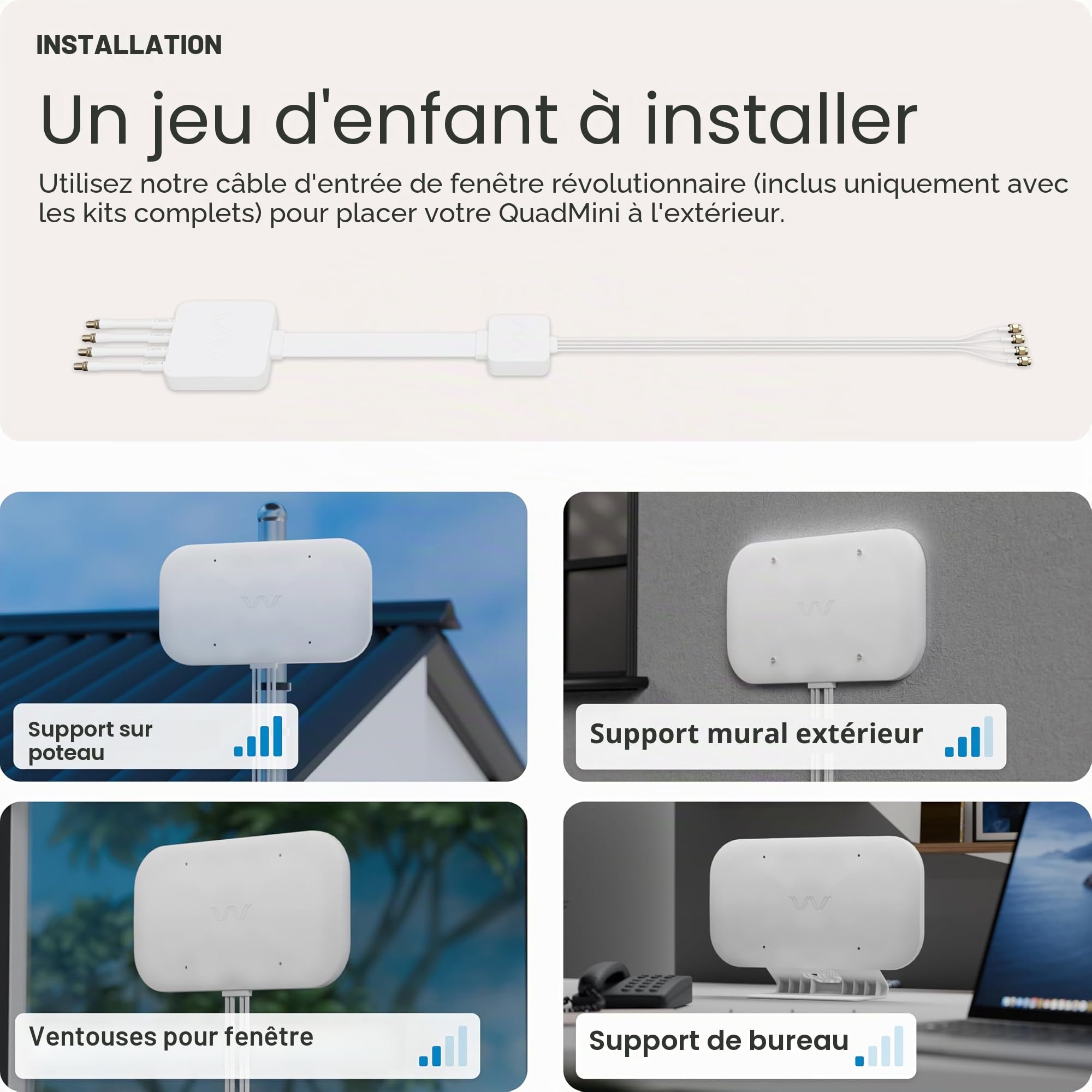 Waveform QuadMini Antenne externe MIMO 4x4 | Antenne omnidirectionnelle pour routeurs et passerelles 4G/5G | pour Internet T-Mobile Home, Verizon, AT&T | Kit complet avec câble de 3 m et entrée