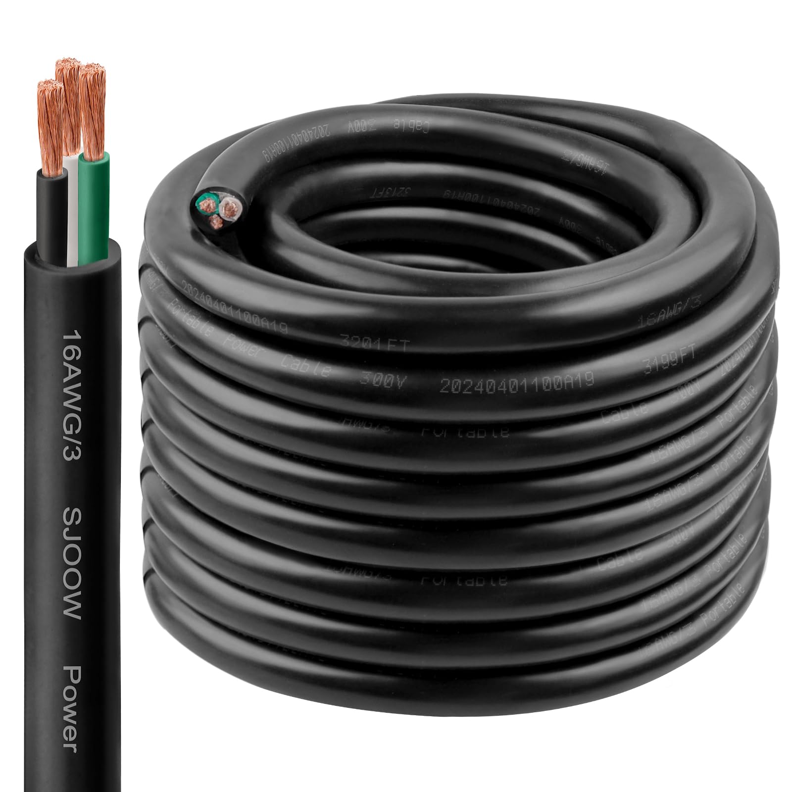 16/3 SJOOW Wire 50FT, 16 AWG 300V SJOOW Bulk Cable, 16 Gauge 3 Conductor Portable Cable for Welder,Generator,Portable Light,Circuits,EV Car Charger,Motor Lead