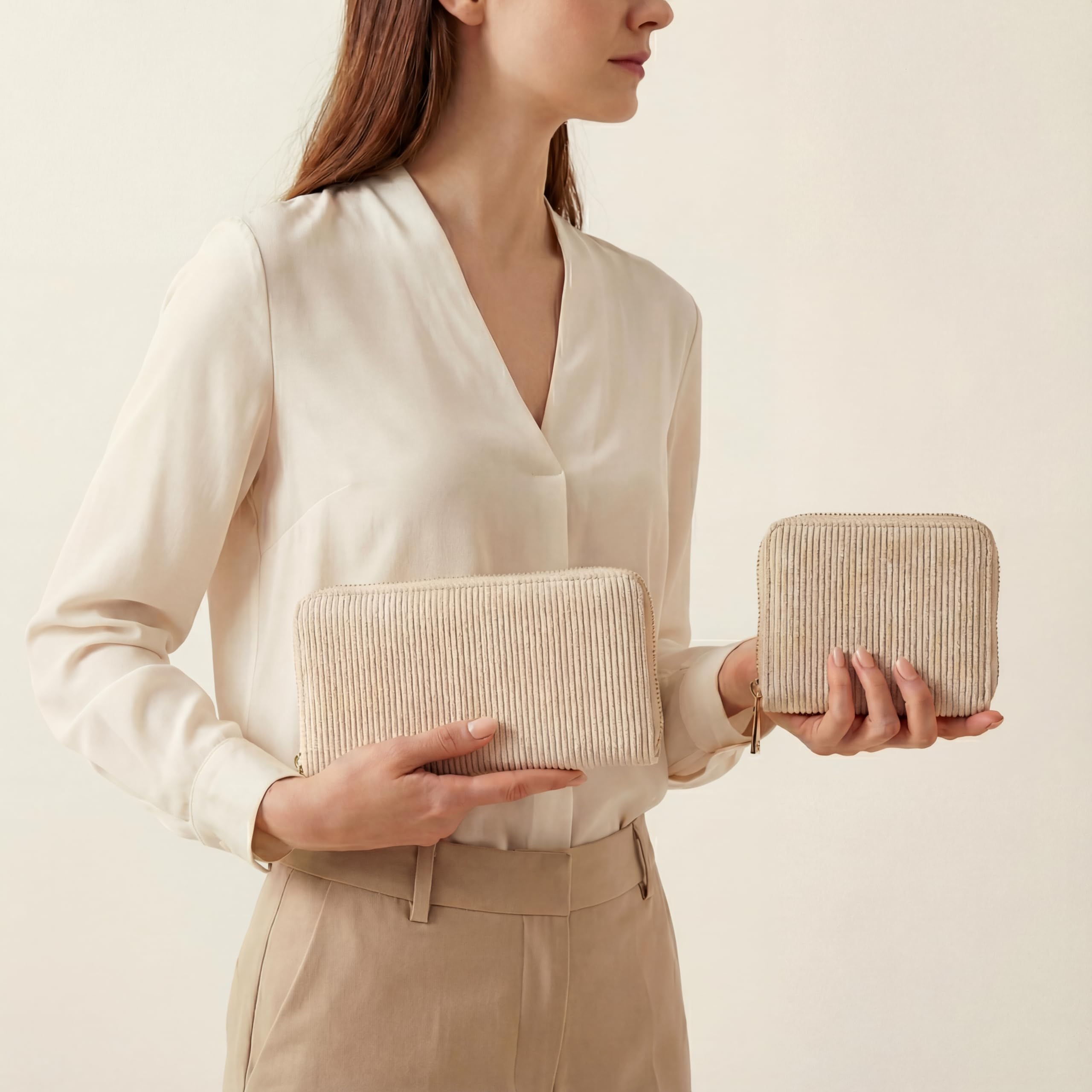 MillyMilk Fondo Large Damen Cord Geldbeutel Portemonnaie Vegan viel Platz Karten Münzen Scheine Reißverschluss Organizer BEIGE