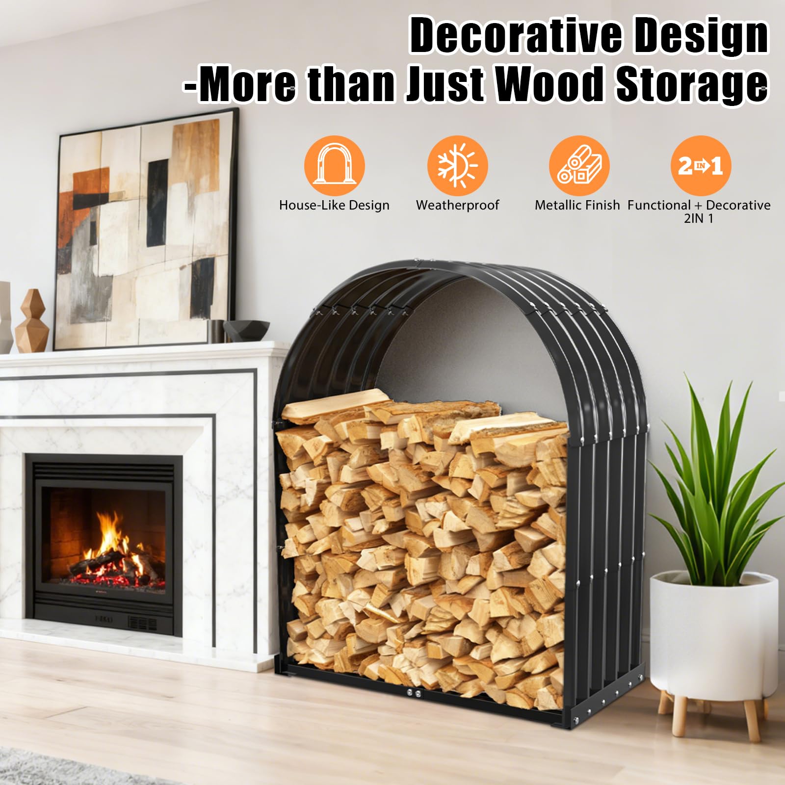 Portalegna da ardere resistente con copertura ad arco, capacità 317,5 kg, porta legna in acciaio zincato impermeabile, per camino interno o patio esterno, elegante organizer per legna da ardere