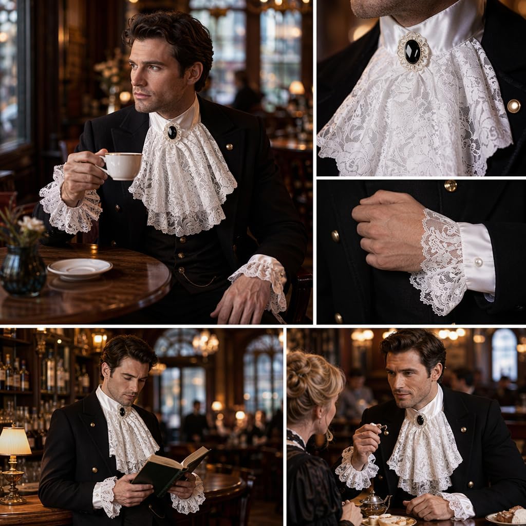 Jabot Lace Set with 2 Ruffle Cuffs, Colonial Costume Accessory
