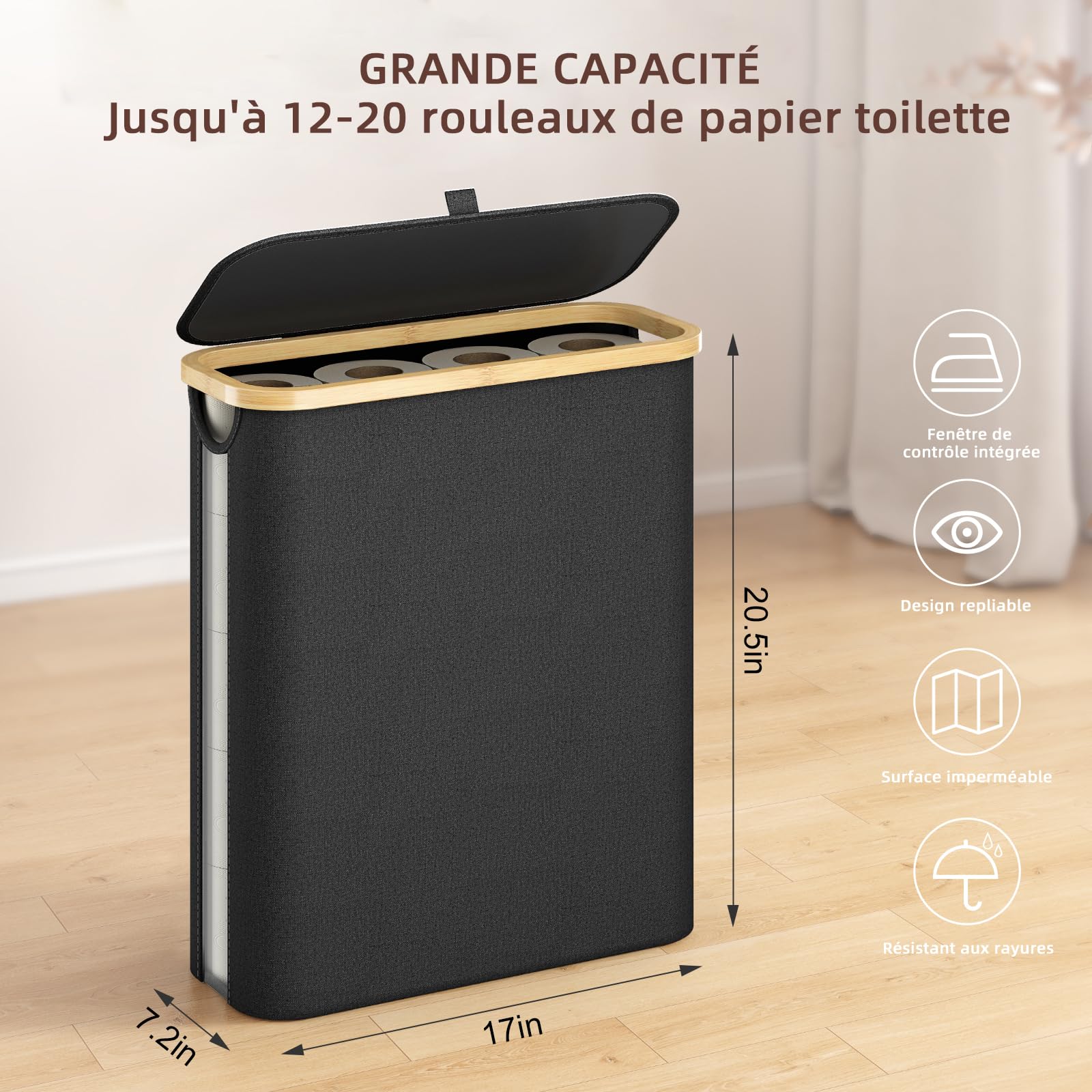 42L Rangement Papier Toilette avec Couvercle et Fenêtre de Visualisation, Toilette en Bambou Imperméable, Rangement Pliable pour Salle de Bain, Space-Saving Collapsible Design Noir