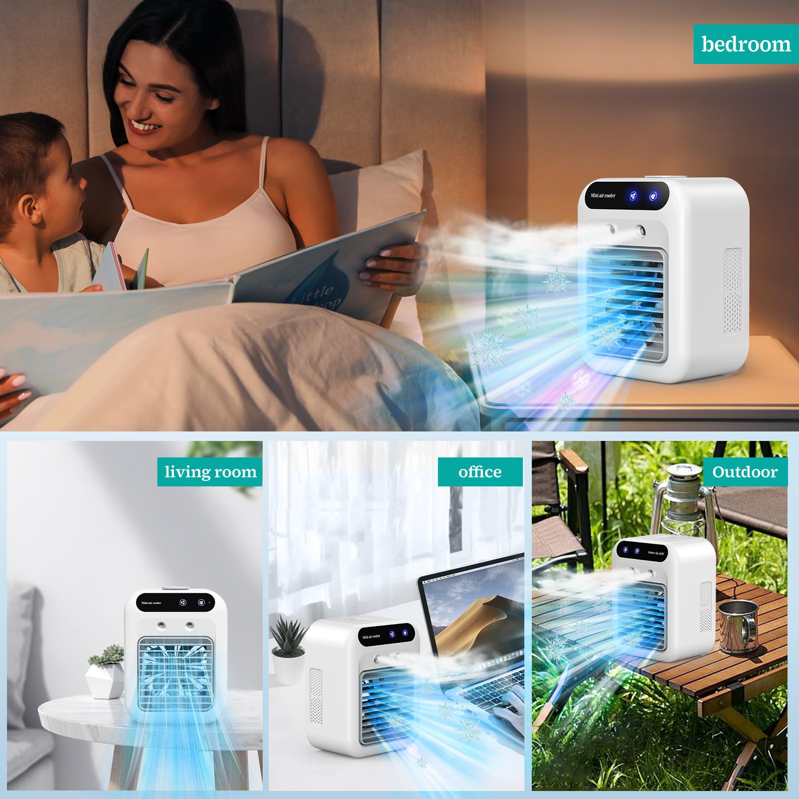 Mobile Klimaanlage, Tragbare Luftkühlgerät, 500ml Wasserbehälter, 2 Lüftungsstufen, 2 Sprühmodi, Mini Klimatisierung für Schlafzimmer Camping Weiß