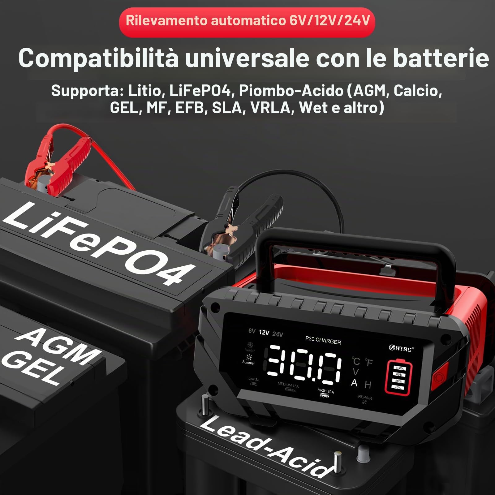 HTRC 6V/12V/24V 30A Carica Batterie per Auto – per LiFePO4 e Piombo Acido | Caricabatteria Intelligente per Auto, Moto e Camper. Mantenitore, Compensazione Temperatura, LiFePO4, AGM, EFB e Piombo Acido