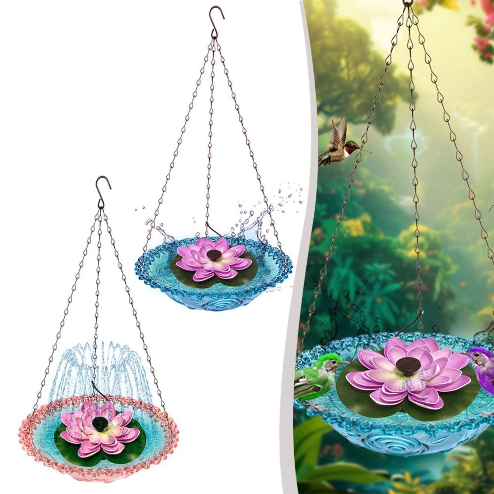 Abbeveratoio per uccelli da appendere all'esterno, alimentato a energia solare, fontana di loto per esterni, giardino, cortile, decorazione ad acqua, 23,5 x 45 cm (blu)