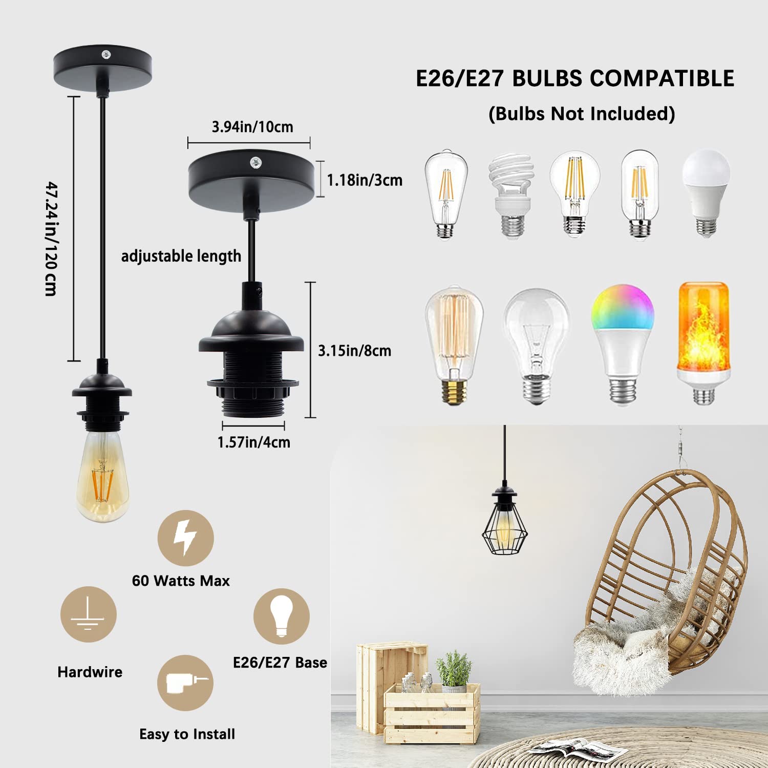 Pendelleuchte Kit 2 Stück Mini Pendelleuchte Kabel Buchse E27 Lampenfassung 1,2 m Einstellbare Industrielle Vintage Hängende Decke Laterne Leuchte für Schlafzimmer Kronleuchter