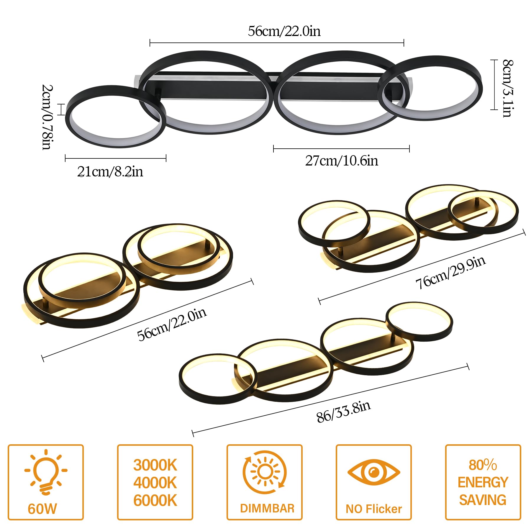 Plafonnier LED,Moderne Lampe de plafond 60W 3000K-6000K,4 anneaux ronde design Chambre Eclairage,Lampe Lustre avec Telecommande APP Dimmable,Luminaire interieur deco pour salon bureau cuisine couloir