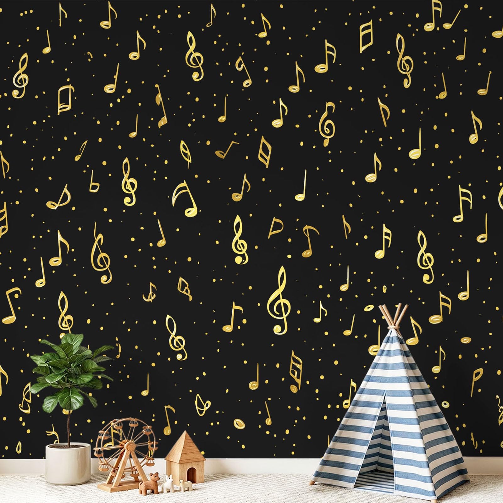 Genérico Papel pintado no tejido negro oro notas musicales Allover 350 x 256 cm, papel pintado panorámico de pared, música clásica, póster tapiz, decoración para sala de estar, dormitorio infantil