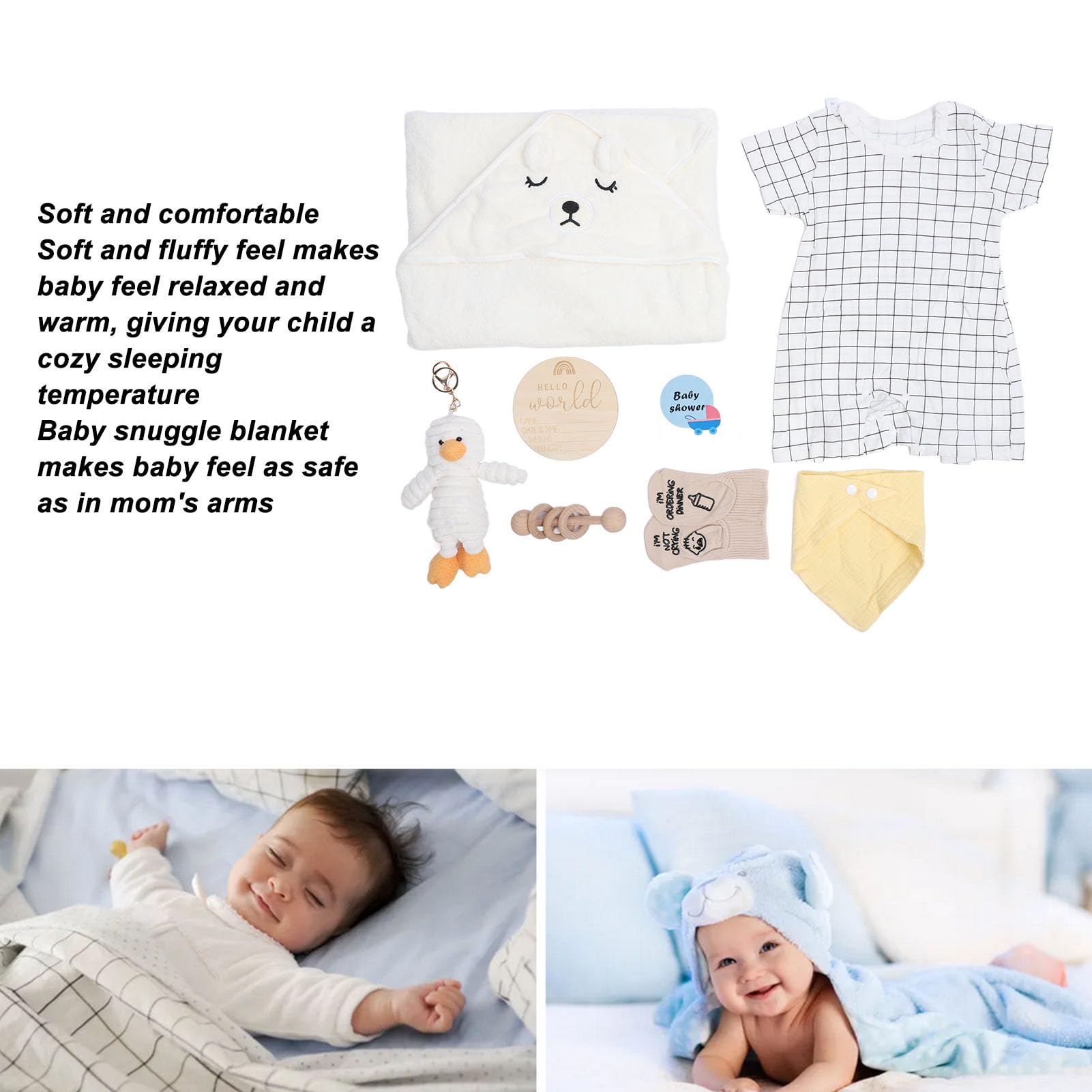 Fabater Cesto Regalo per Neonato per Ragazze - Bambola Carina, Sonaglio in Legno, Bavaglini Divertenti, Calzini, Biglietto di Auguri - Set Completo Regalo per Neonato per Baby Shower (WHITE)