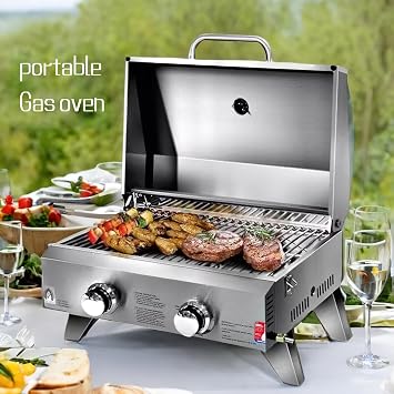 Portable Stainless Steel Gas Grill, 2-Burner Outdoor BBQ, Camping Picnic Barbecue Stove