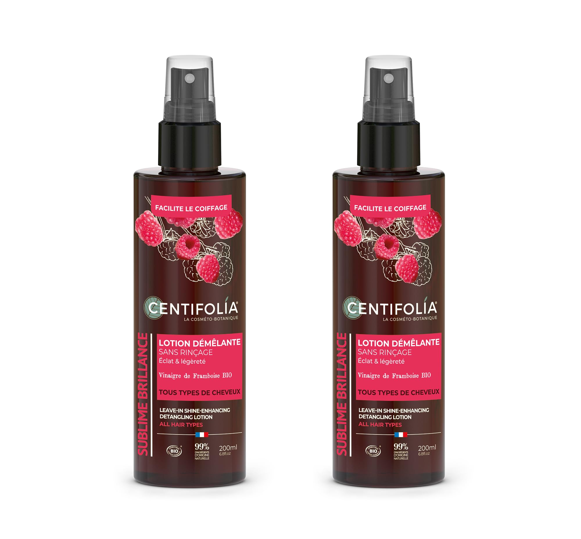 CENTIFOLIA | Loción desenredante sin aclarado | Desenreda sin apelmazar el cabello | Gama sublime brillo | Cabello brillante y flexible | Vinagre de frambuesa orgánico | 99% natural | Lote de 2 x 200