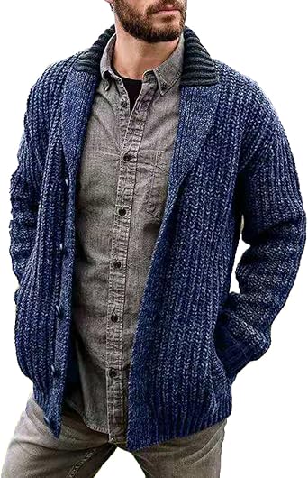 Mens Sweater Jacket Vintage Button Down Shawl Lapel Loose Plus Size Thick Knited Knitwear Cardigan Sweater Coat C-Blue