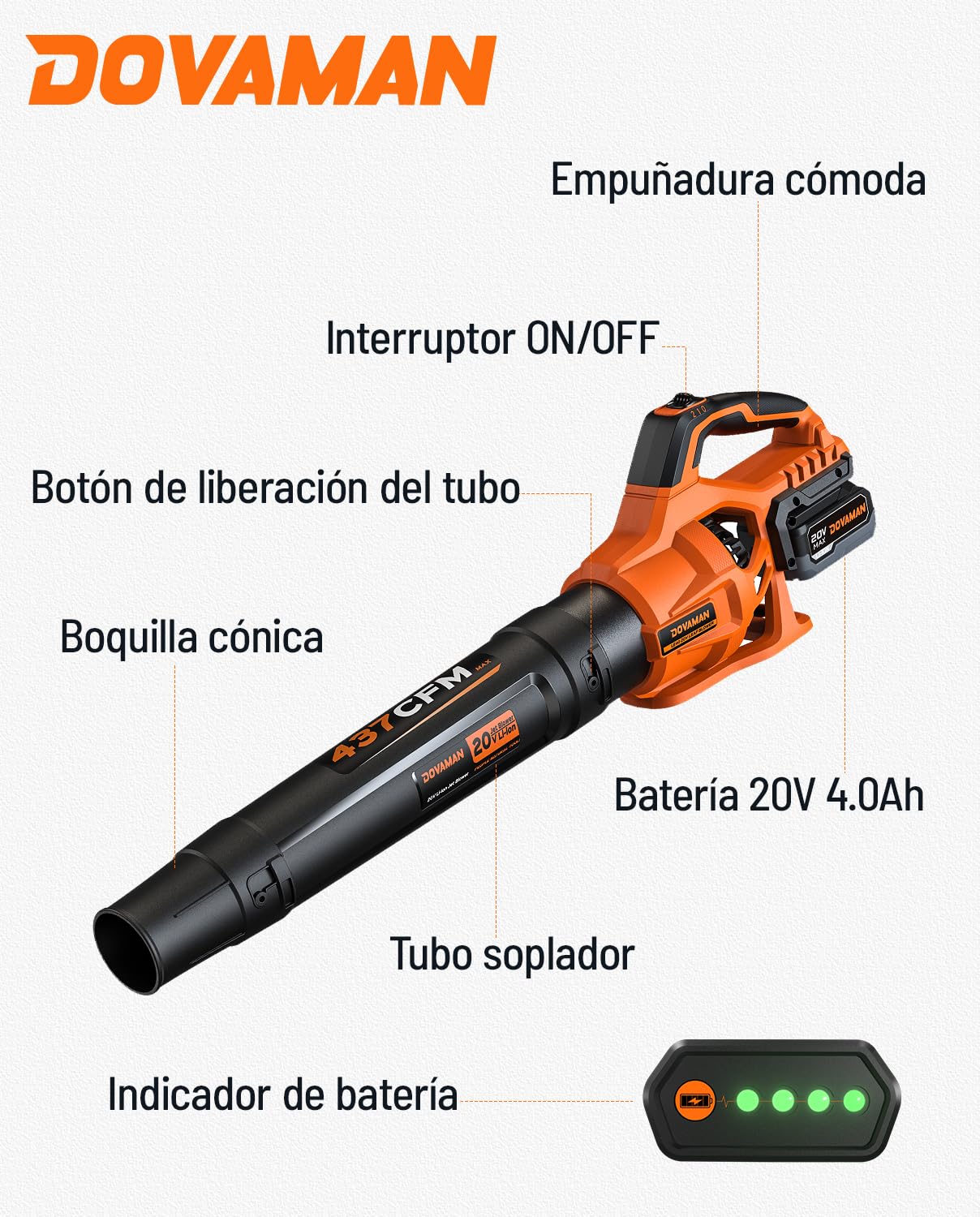DOVAMAN Soplador de Hojas Inalámbrico 20V, Flujo de Aire Potente 744 m³/h, Batería 4.0Ah con Cargador Rápido, 2 Velocidades, Ligero y Portátil, Soplador para Jardín, Césped, Terraza y Garaje
