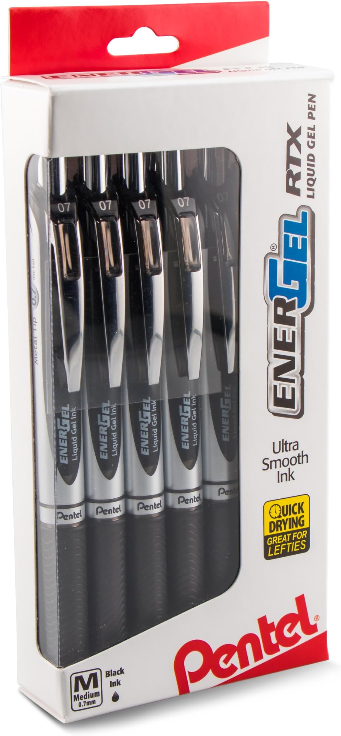 Pentel EnerGel RTX RT Liquid Gel Pen, Medium, 0.7mm, Metallic Tip, Black Ink, BL77PC12A1 (Pack of 12)