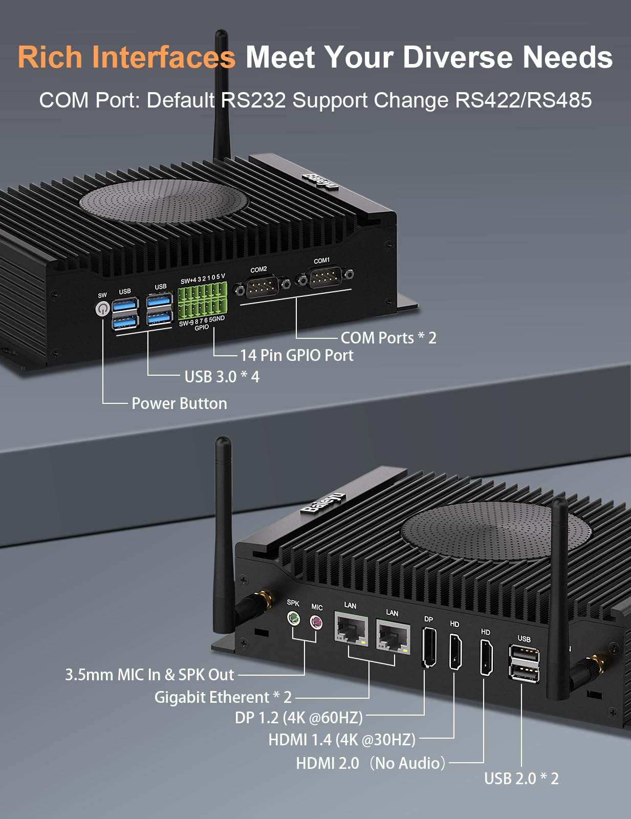 Baieyu Industrie Mini PC, Mini Computer Core i7-10810U, 16GB RAM 1TB SSD, 2 HD+DP Triple Display/WiFi 5/BT4.2/USB3.0/2*RS232/RS485 COM/GPIO, Industrie Mini Desktop PC unterstützt Linux/Ubuntu