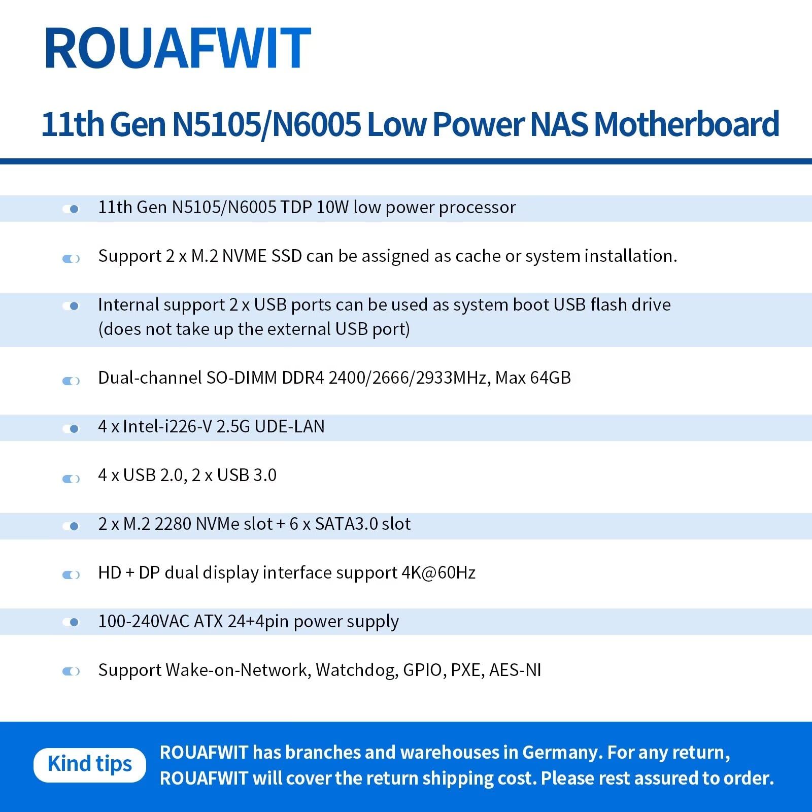 NAS Motherboard Pentium N6005, 6 x SATA3.0, 2 x M.2 NVMe, 2 x DDR4, 4 x I226v 2.5 Gigabit Ethernet, Micro Appliance NAS Board, Barebone, NO RAM NO Storage