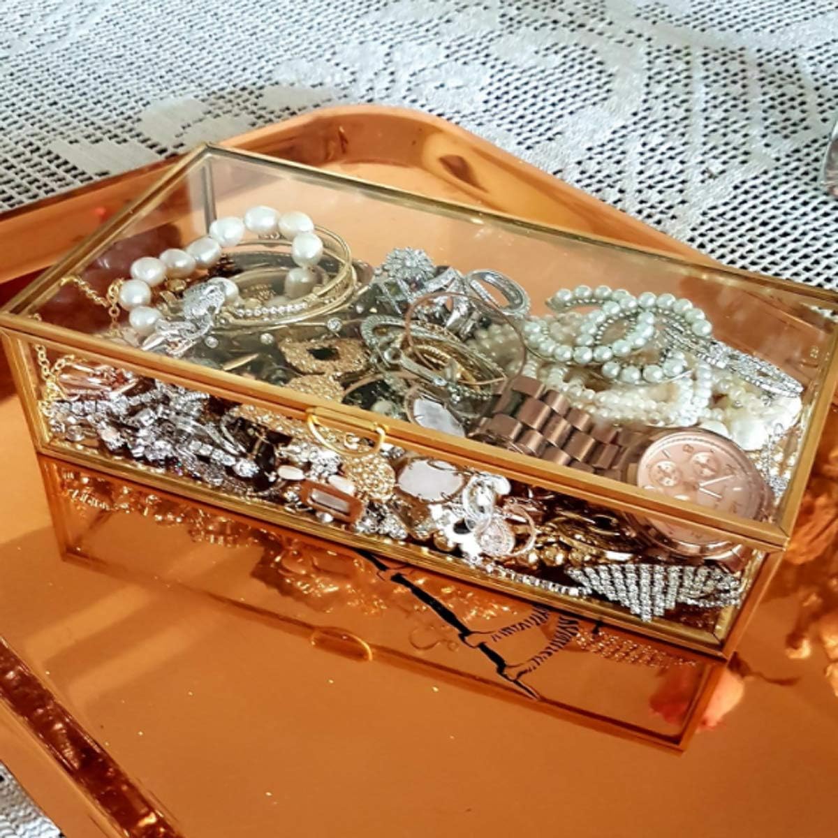 HighFree Vintage Glass Box with Lid - Clear Jewelry Glass Display Box Keepsake Box - Home Decor Decorative Box for Trinket Rings Bracelet (Gold, Medium)
