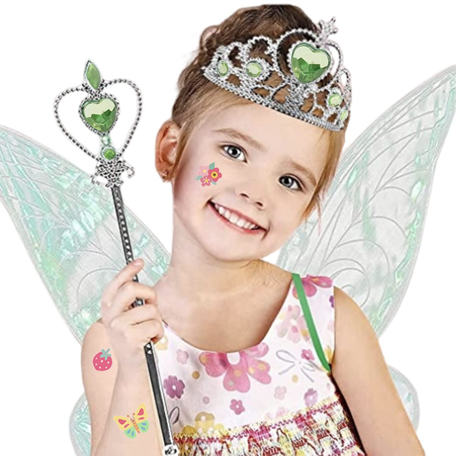 Winwild Alas de Hada para niños con Varita de Brillo, Corona, Pegatina para Tatuajes - Alas de Hada para niñas Alas de Mariposa para Adultos Disfraz de alas para Carnaval Cosplay (Verde