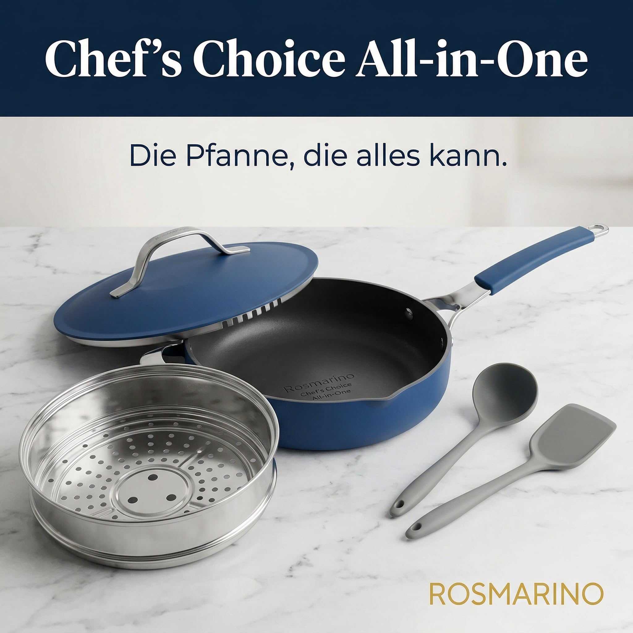 Rosmarino Chef's Choice patelnia wielofunkcyjna, 24 cm, kute aluminium, ILAG Swiss Ceramic, parowar, pokrywka i akcesoria, indukcja, niebieska