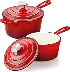 Panela de ferro fundido esmaltado com tampa, panela de 1 + 2 litros com tampa, panelas de cozinha de forno holandês de ferro fundido esmaltado para todos os cooktops, fazer molho de macarrão, leite