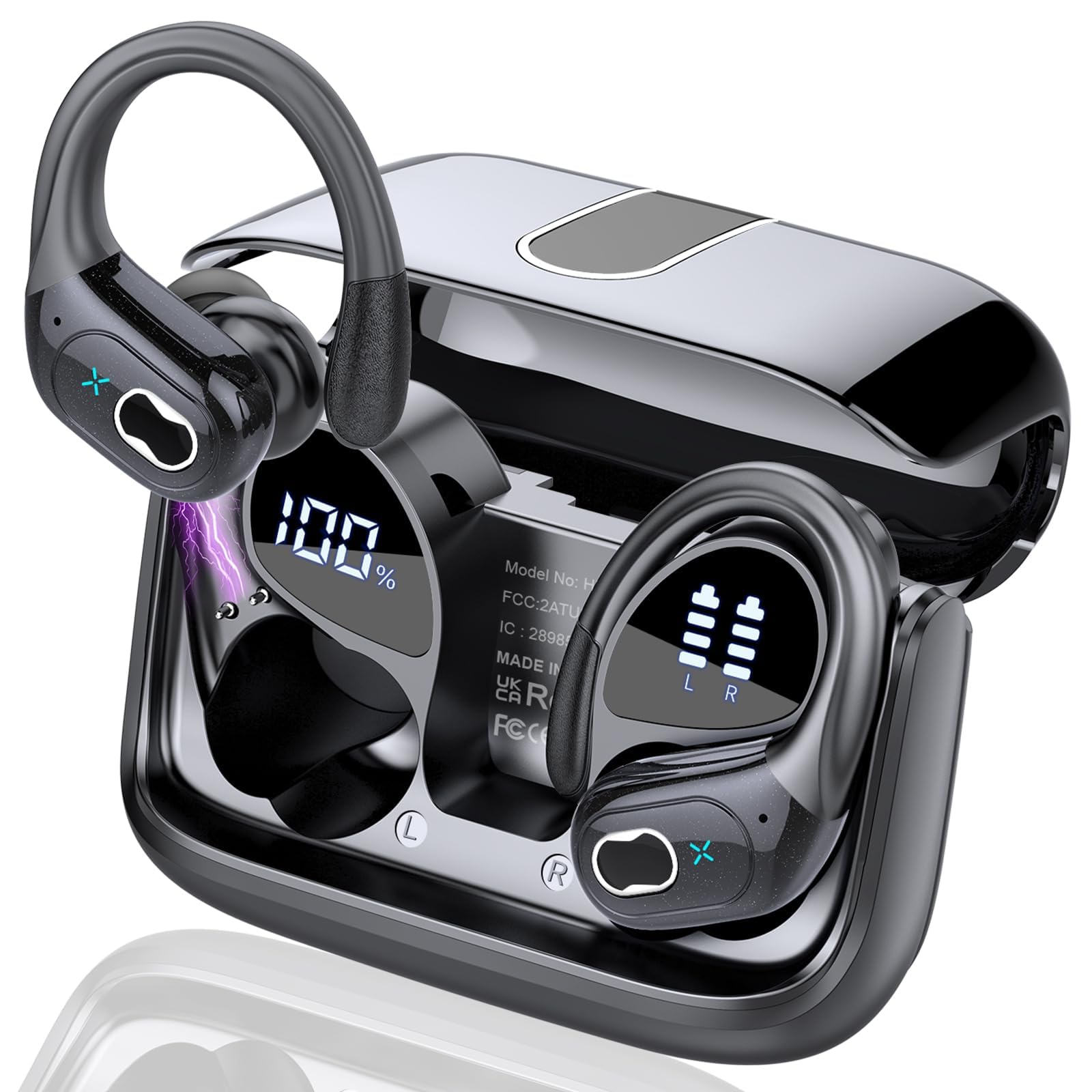 Garlo Bluetooth Headphones True Wireless Sports Earbuds, Noise Cancelling Mic in Ear Buds, Sports Earphones with Ear hooks, Waterproof, 45H Led Display, Workout, Deep Bass Sport Earbuds for Running