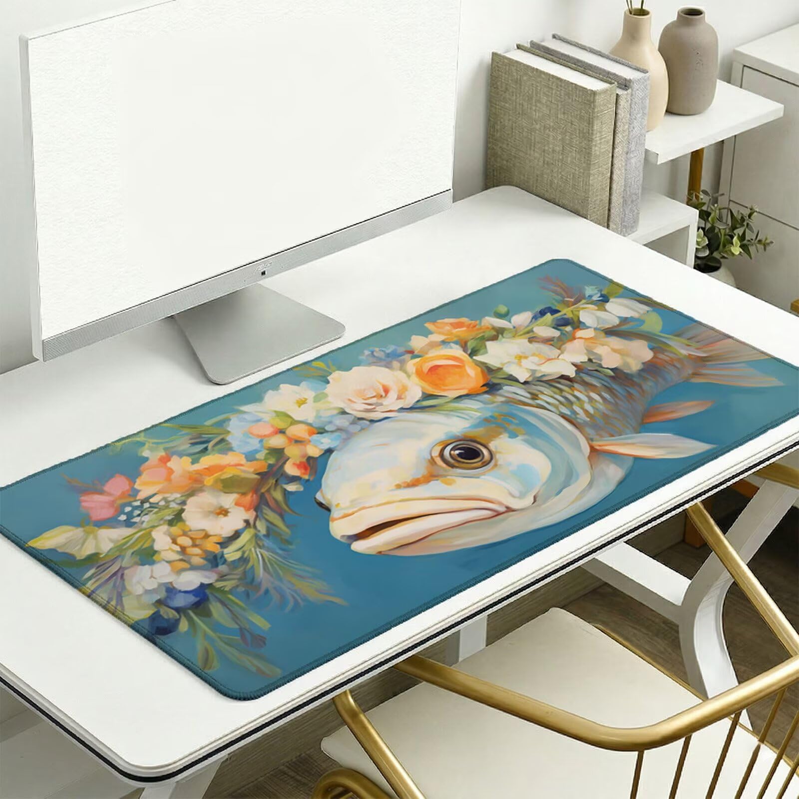 Alfombrilla Ratón XXL 1200 x 600 x 3 mm, Alfombrilla Escritorio, Nórdico Grande Protector de Mesa con Base de Goma Antideslizante y Bordes Cosidos, Impermeable, para Oficina, PC, Gaming (Pez) L-x642