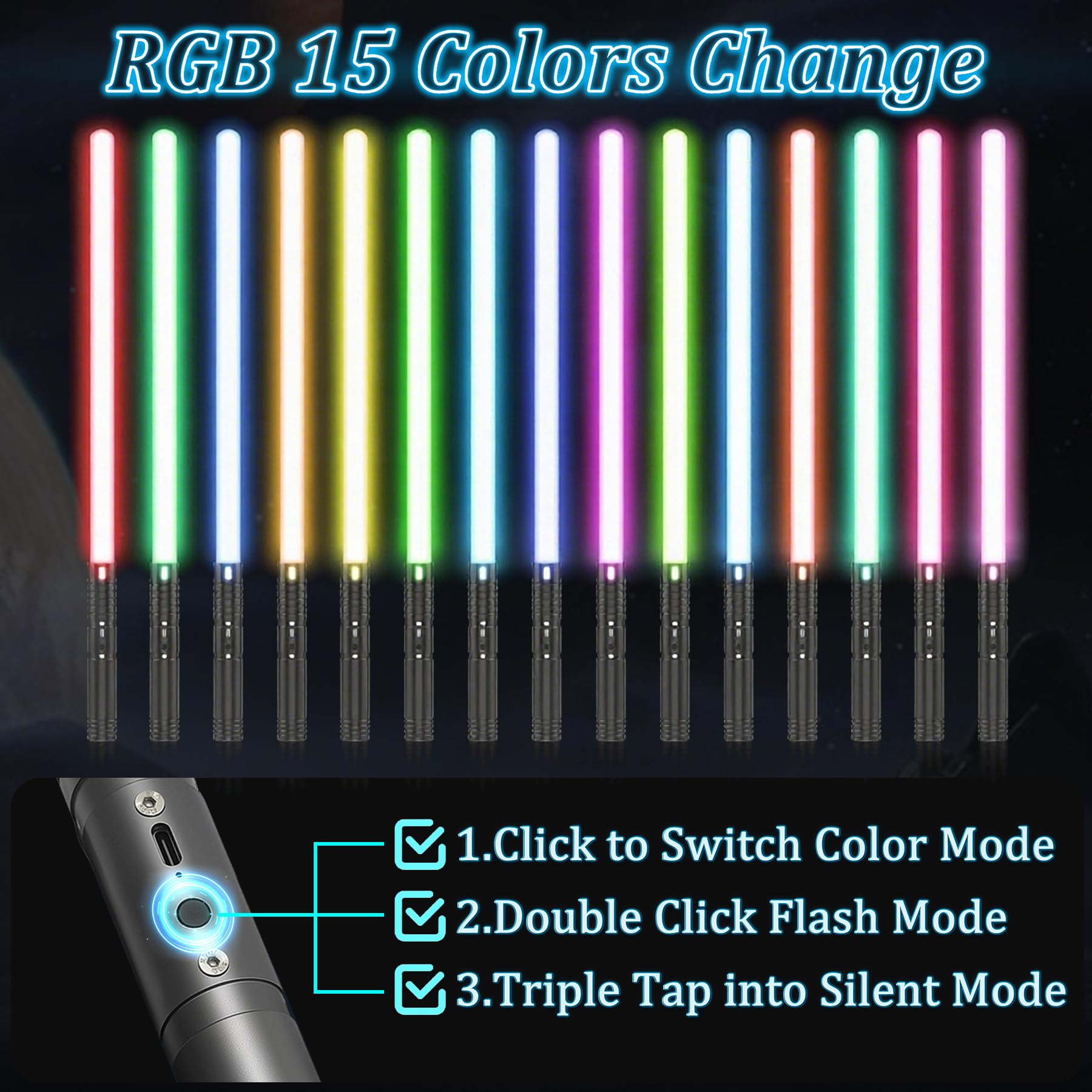 Lightsaber, Upgraded RGB 15 Colors LED Light Saber, USB Rechargeable Lightsabers with Metal Handle - Image 2