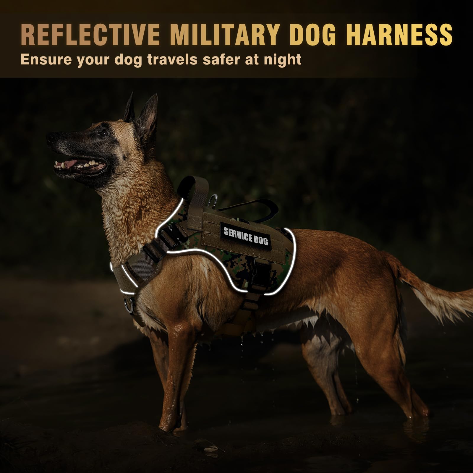 WINSEE Arnés táctico para Perros Grandes, Chaleco MOLLE de Trabajo de Servicio con 10 Parches para Mascotas, 2 Hebillas de Metal, arnés Resistente para Entrenamiento, Caza y Caminata