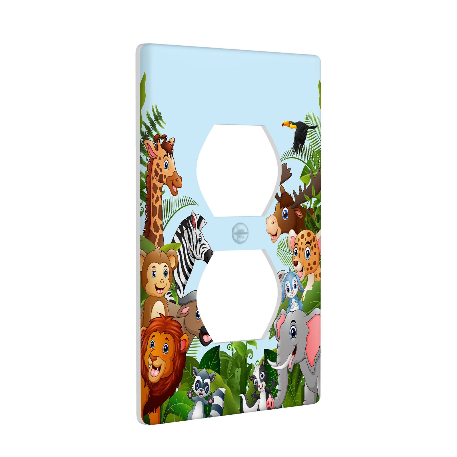 Cartoon Forest Animals 1 Gang Duplex Light Switch Cover, Cute Elephant Giraffe Lion Outlet Covers Wall Plate Decorative Electrical Receptacle Faceplate for Kitchen Bathroom Home Art Wall Panel Decor