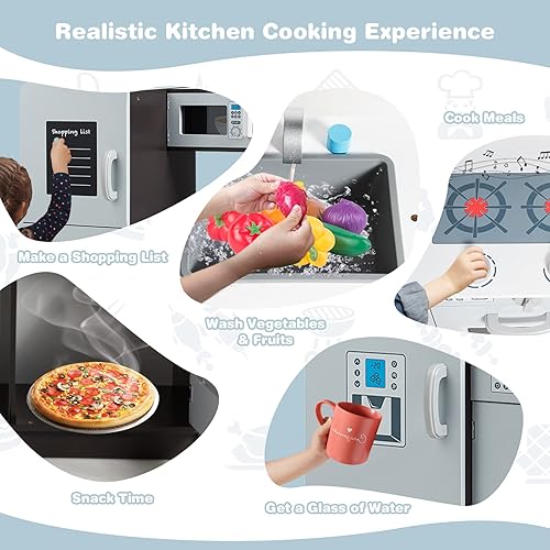 Miniatura 13 de Honey Joy - Juego de cocina para niños - Cocina de juguete de madera con estufa con luces y sonidos, utensilios de cocina, microondas, dispensador