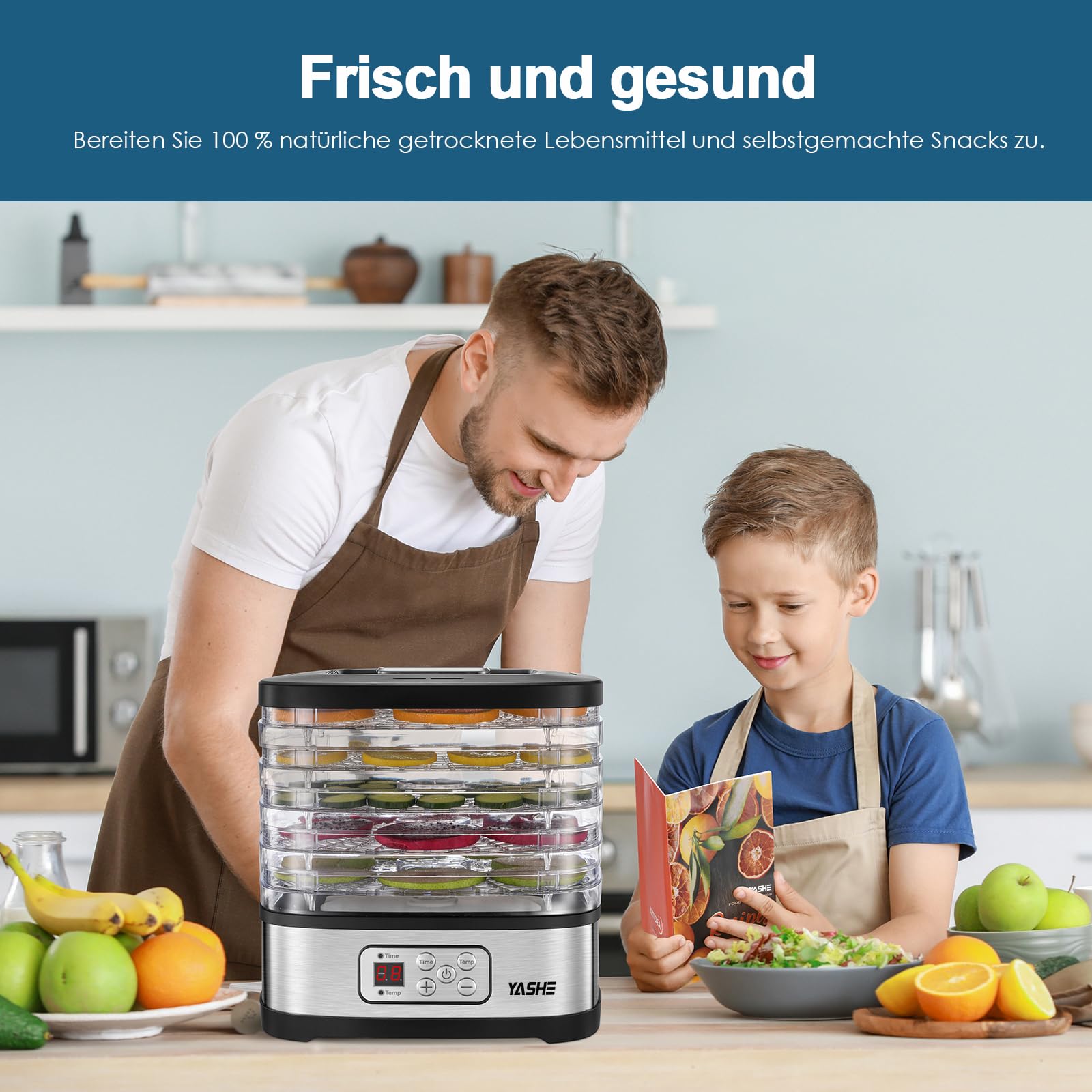YASHE GGJ-261B Dörrautomat mit LED-Display, Temperaturregelung 35-70°C & 72-Stunden-Timer, 5 höhenverstellbaren Tabletts, Dörrgerät für Obst und Gemüse, 240 Watt, BPA-frei