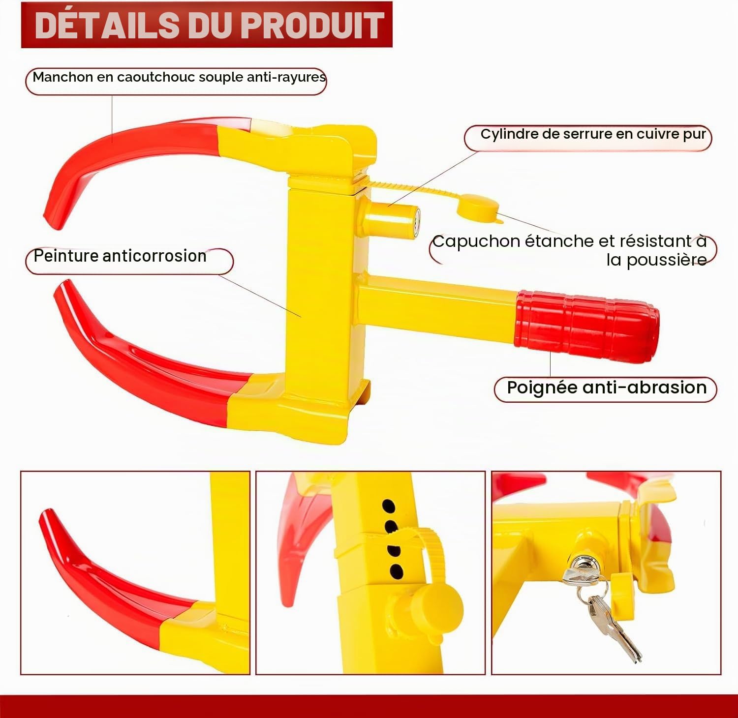 2 Pièces Antivol Voiture Sabot Roue, Bloque Roue avec Serrure de Sécurité et 6 Clés, Antidémarrage Griffe de Pneu Réglable 18-30cm, Universel pour Remorques, SUV, Caravanes