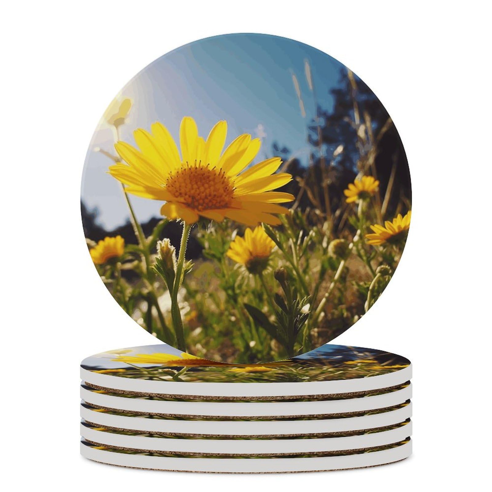 Dessous de verre pour cadeau avec motif fleur jaune et support en liège antidérapant